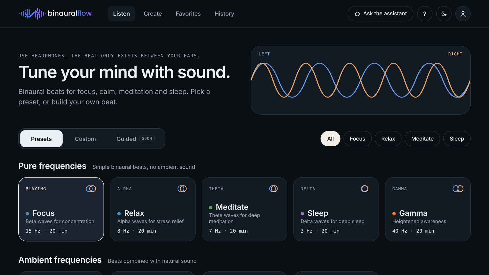 BinauralFlow presets screen