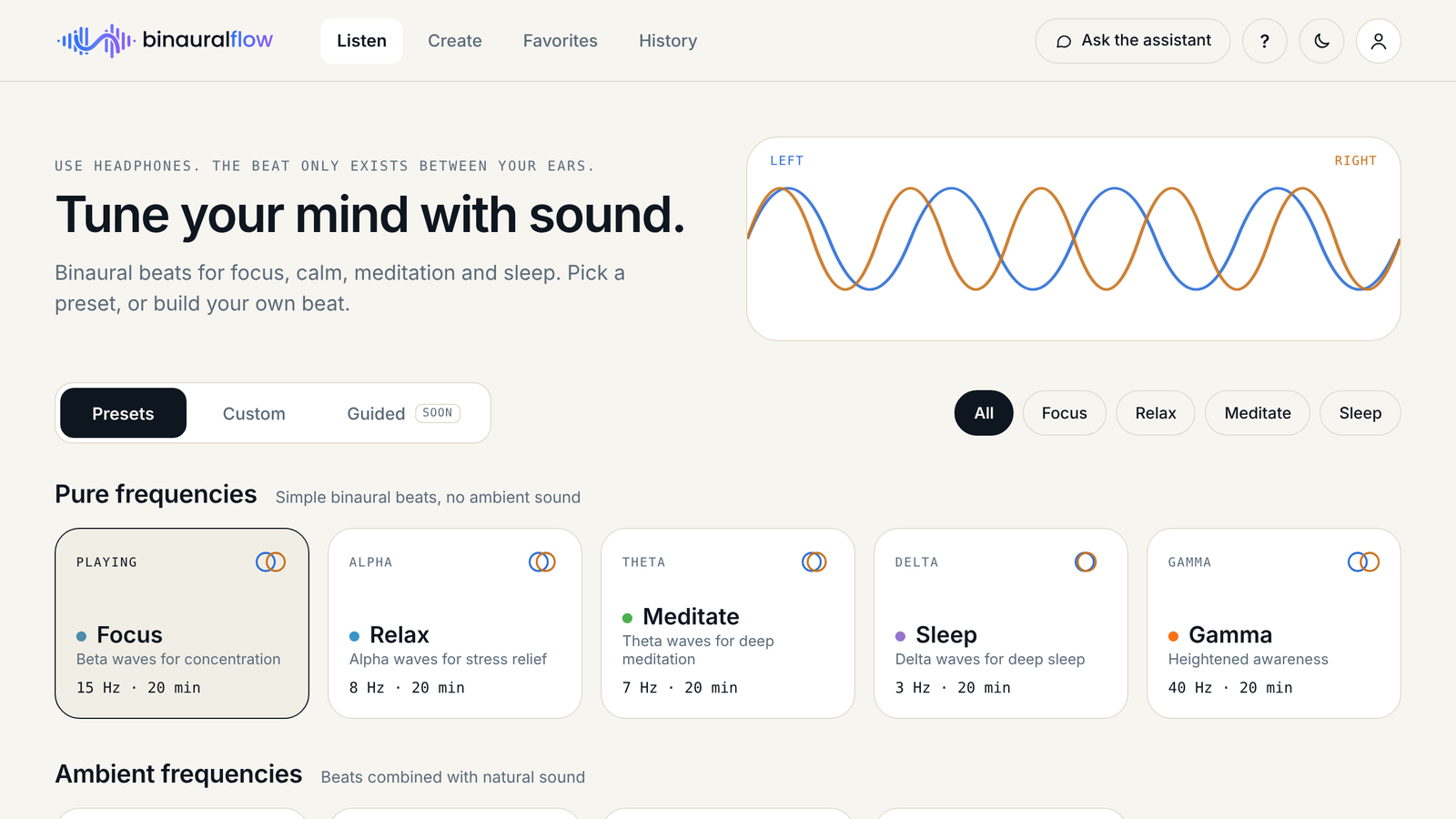 BinauralFlow presets screen
